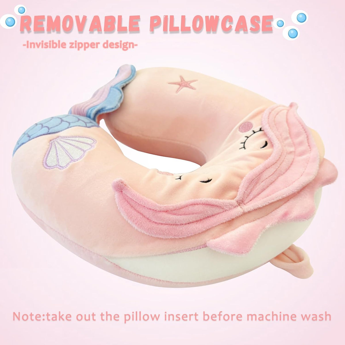 Travel Pillow, Travel Accessories for Car Airplane Traveling, Soft Memory Foam Kids Travel Pillow with Sleep Eye Mask Kids Neck Pillow for Boys & Girls - Cute Pink Mermaid