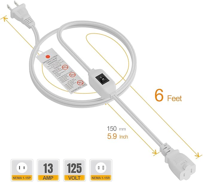6FT On Off Switch Extension Cord, Plugrand 2-Prong Polarized Extension Cord with On-Off Inline Switch 12A 125V for Your Chargers/Lamp/Power Adapters Etc, 16AWG Cord White