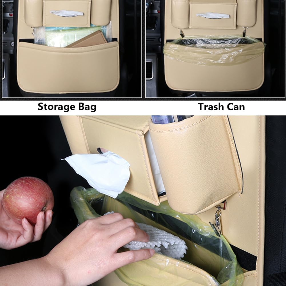 1PCS Car Backseat Organizer Seat Back Protectors Kick Mats, PU Leather Car Storage Organizer Hanging Bag with Car Tissue Holder Kids Toys Storage Car Accessories (Beige)
