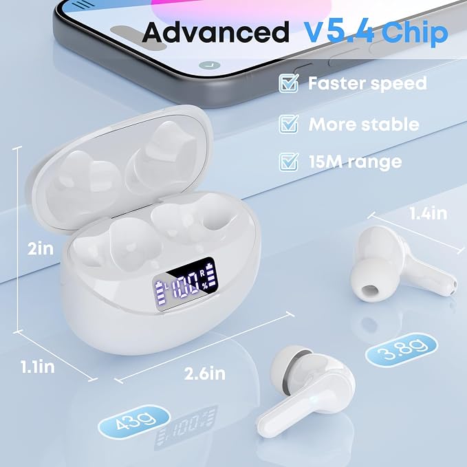 Wireless Earbuds Bluetooth 5.4 Headphones, Noise Cancelling Mic Ear Buds with 50H Playback, LED Digital Display, IPX7 Waterproof Earphones for Office/Running/Workout