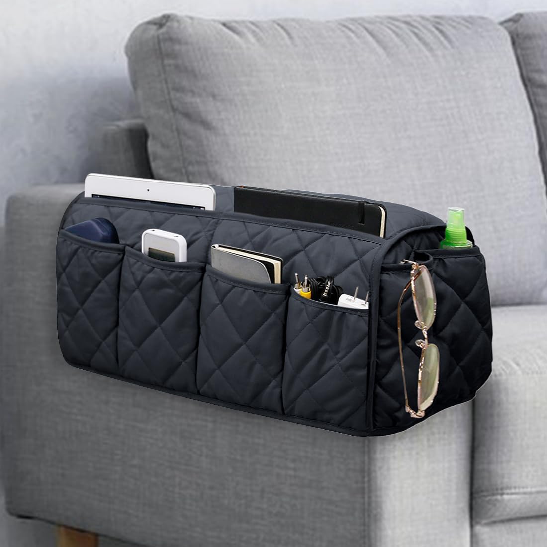 Sofa Armrest Organizer Non-Slip Arm Chair Bedside Caddy Storage Organizer for Recliner Couch with 14 Pockets for Cell Phone TV Remote Control Magazines (Black)