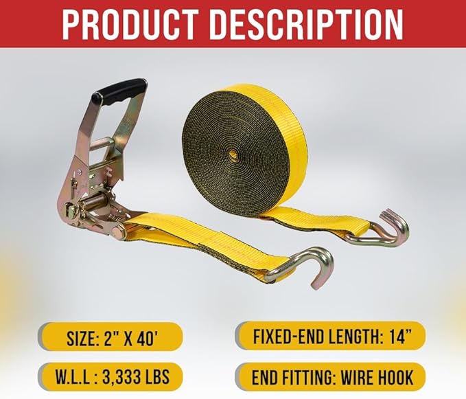 Mytee Products 2 Pack 2" x40' Yellow Ratchet Strap with J Hooks - 10,000 Lbs Breaking Strength - Heavy Duty Tie Down Cargo Truck Straps with Wire Hooks for Flatbed, Truck, Trailers Pickup
