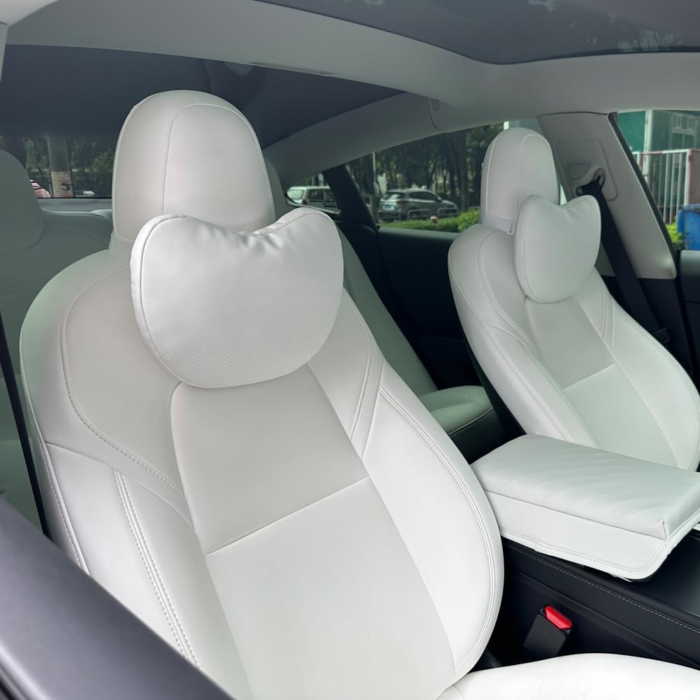 TESBEAUTY Nappa Leather Car Headrest Neck Pillow for Tesla Model X/S/Y/3 – Genuine Nappa Leather, Visible Strap, White (2-Pack)