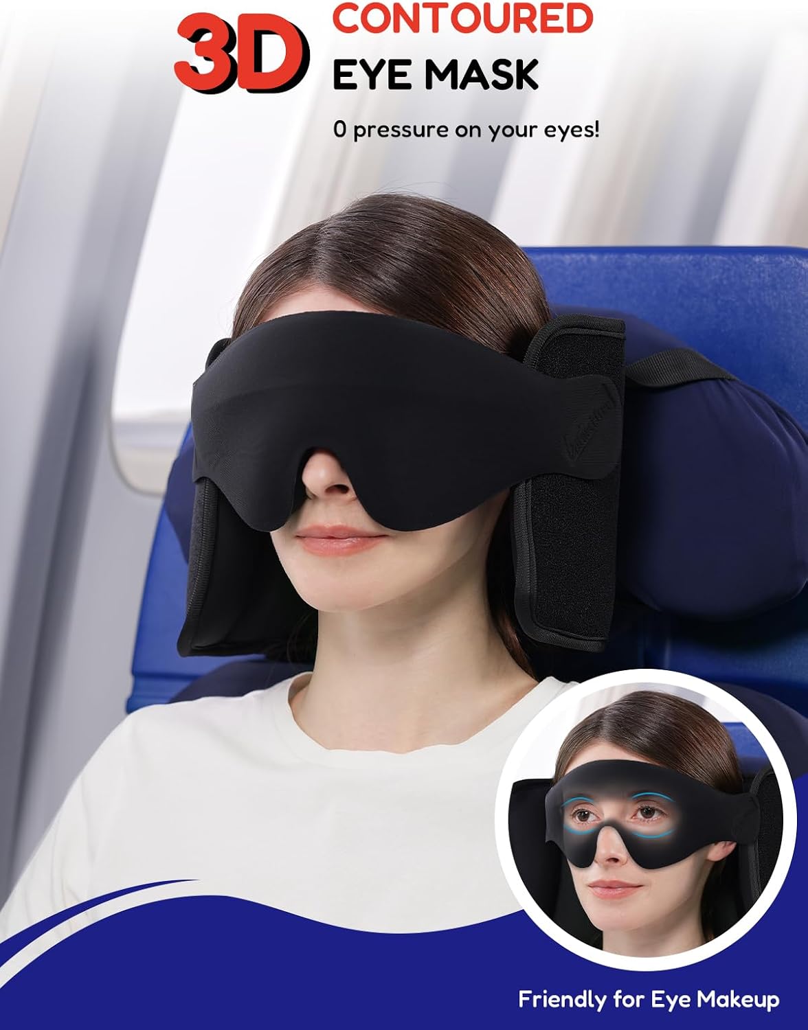Travel Pillow for Airplanes Head Strap Support, 3D Eye Mask | 360 Airline Sleep Support Headrest Pillow No Bobbing Head Sleeping Aid Travel Essentials Long Flights/Car/Trip Mottled Red