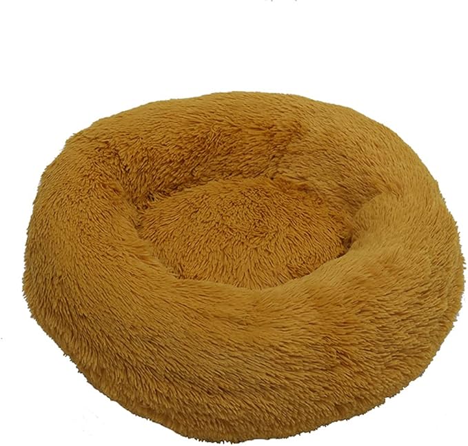 Calming Faux Fur Dog Beds Calming Donut Cuddler Dog Bed Washable Round Cat Bed Pillow Cuddler Fluffy Indoor Dog Calming Beds with Anti Slip Bottom Solid Color Yellow 21 Inch