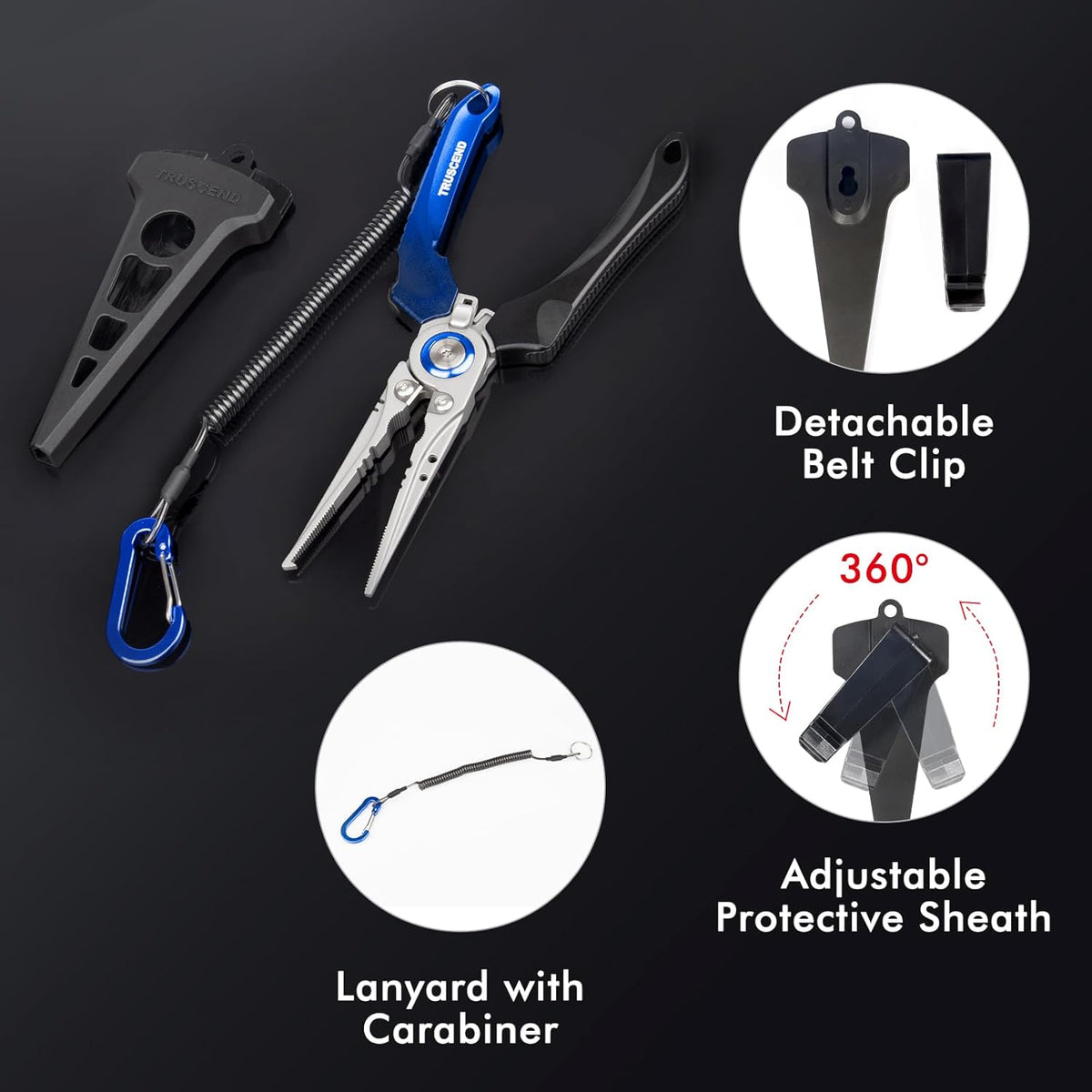 TRUSCEND Lockable Fishing Pliers - Ergonomic Handle, Tungsten Carbide Cutter, Saltwater Resistant