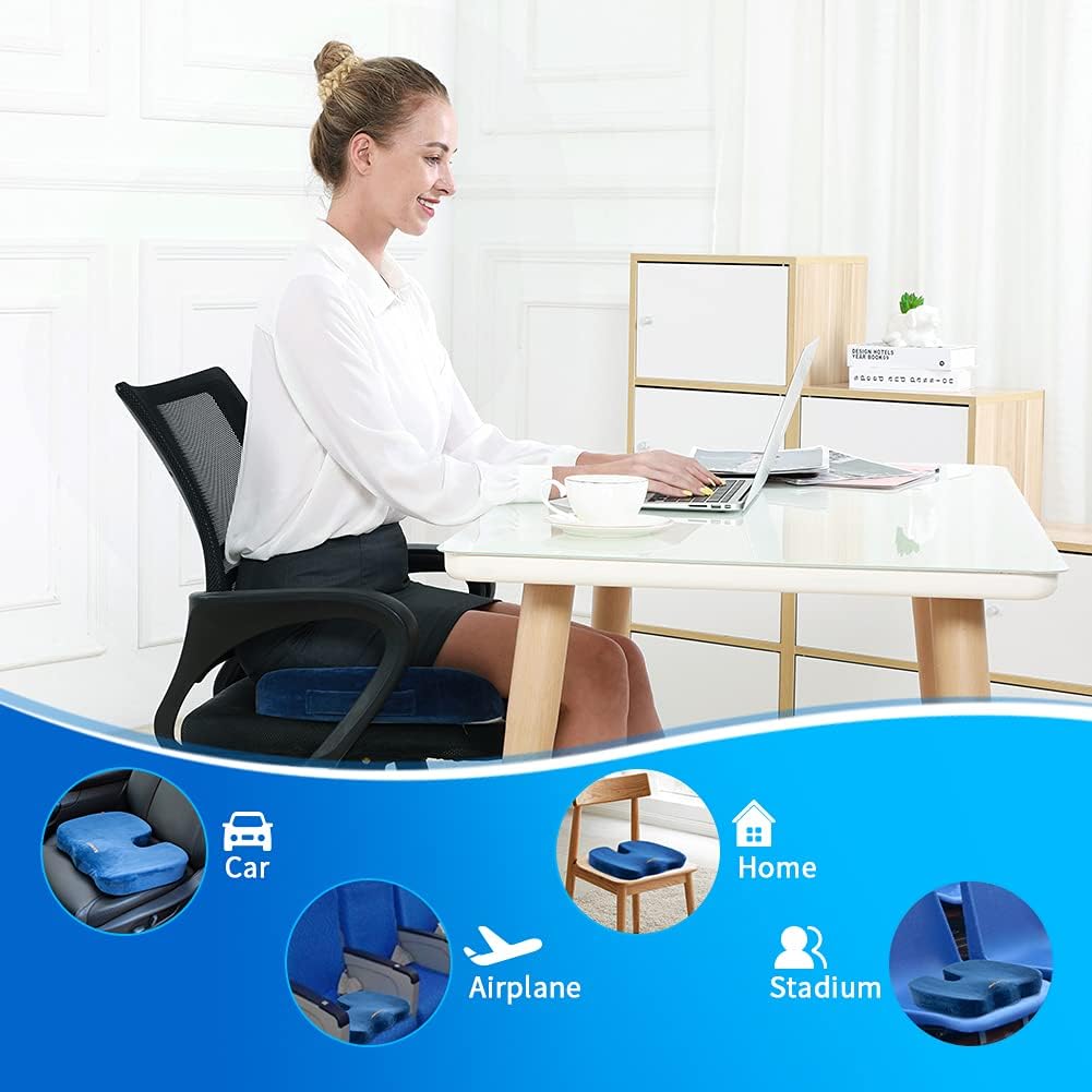 SAIREIDER Chair Cushions for Office, Memory Foam Coccyx Cushion Pads for Tailbone Pain, Car Seat Cushion, Sciatica Relief Pillow, Correct Sitting Posture (Navy Blue)
