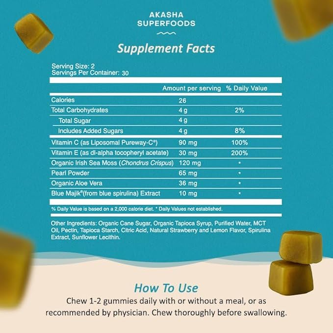 Sea Moss Glow Gummies, Hair, Skin & Nails Vitamins with Seamoss, Pearl Powder, Vitamin E, Aloe Vera, Liposomal Vitamin C, and Irish Sea Moss, Gummies for Women & Men, 60 Count