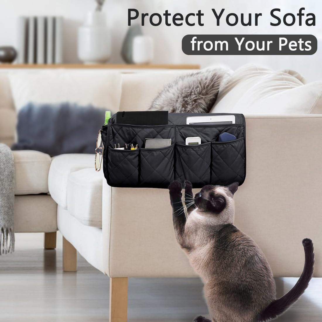 Sofa Armrest Organizer Non-Slip Arm Chair Bedside Caddy Storage Organizer for Recliner Couch with 14 Pockets for Cell Phone TV Remote Control Magazines (Black)