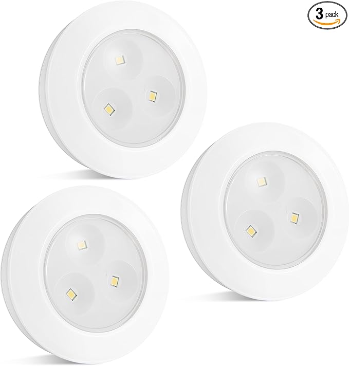 Wireless LED Puck Lights, Touch Activated Tap Ligh, Battery Operated Stick On Lights for Under Cabinet, Kitchen, Closet & Counters, 3-Pack, White