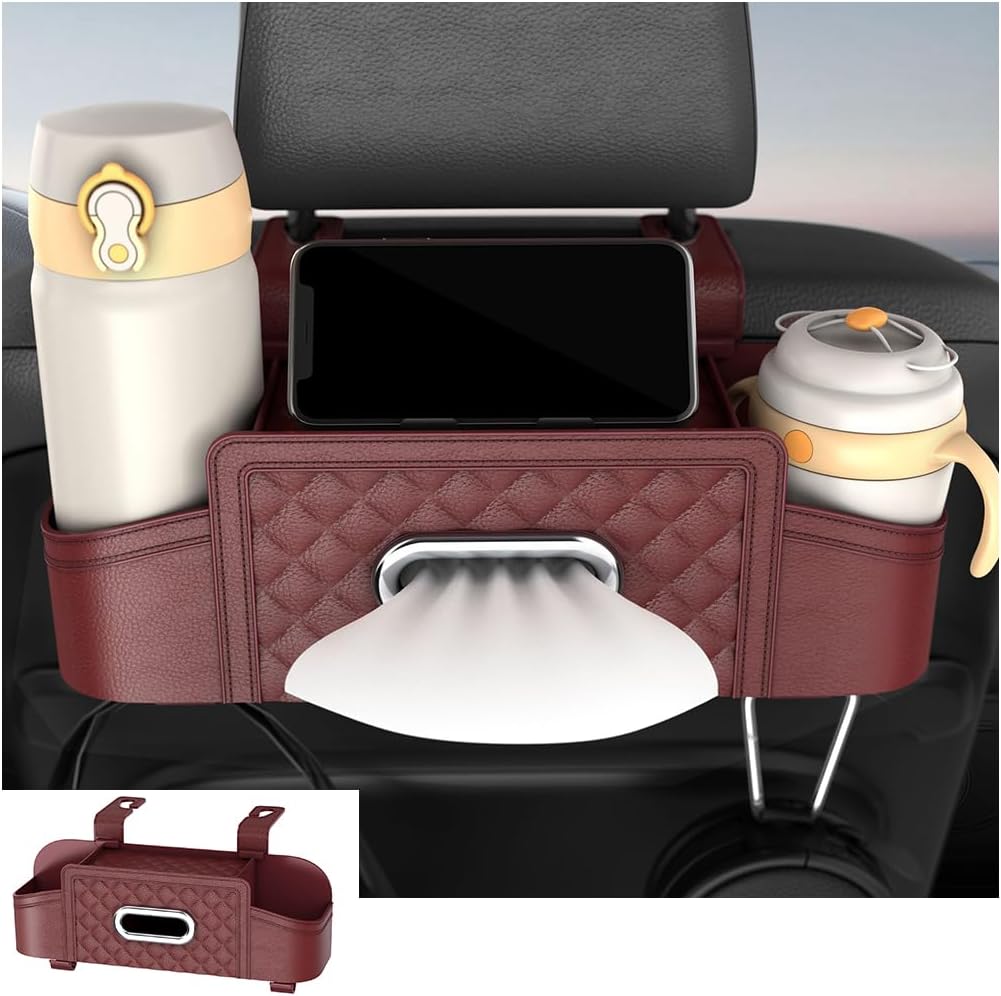 Mandark Headrest-Mounted Backseat Organizer with Cup Holders, Wine Red