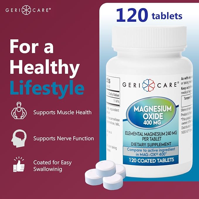 GeriCare Magnesium Oxide Supplement 240 mg of Elemental Magnesium, 120 Tablets, Essential Mineral Support, Promotes Vascular Health, Bone Strength, and Muscle Function (Pack of 3)
