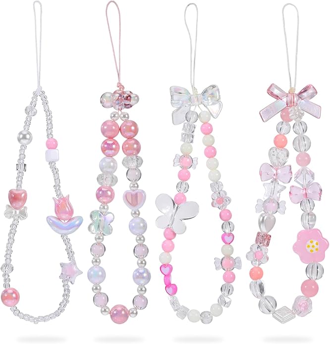 Pink Beaded Phone Wrist Straps, Y2K Phone Case Charms Camera Charm Strap