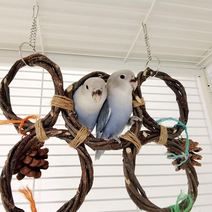 Circle Straw Bird Swing Stand Bird Perches Stand Hanging Chewing Toy for Parrots Bird Playground Cage Accessories Climbing Rope Net Ladders for Foraging Toys（Random Color） (5 Ring Double Row)