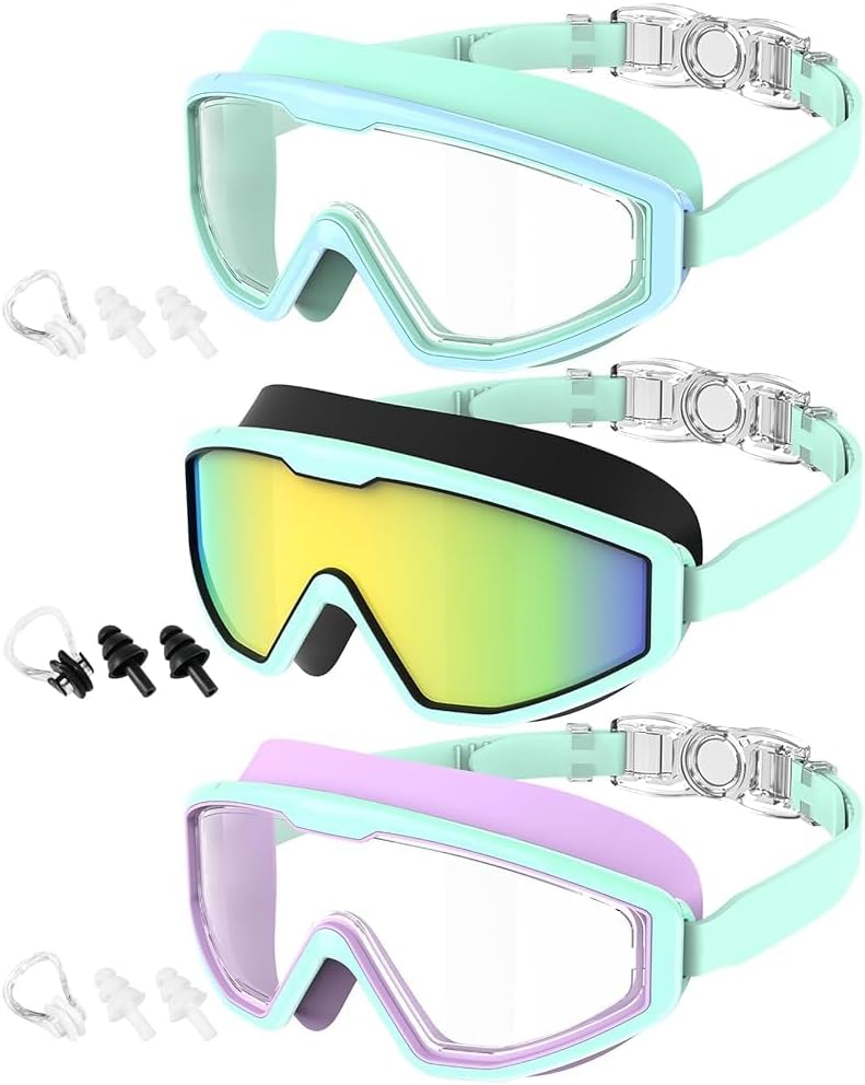 Skiennix Kids Swim Goggles - Anti-Fog UV Protection for Ages 4-16 | 180° Clear View, 3 Pack
