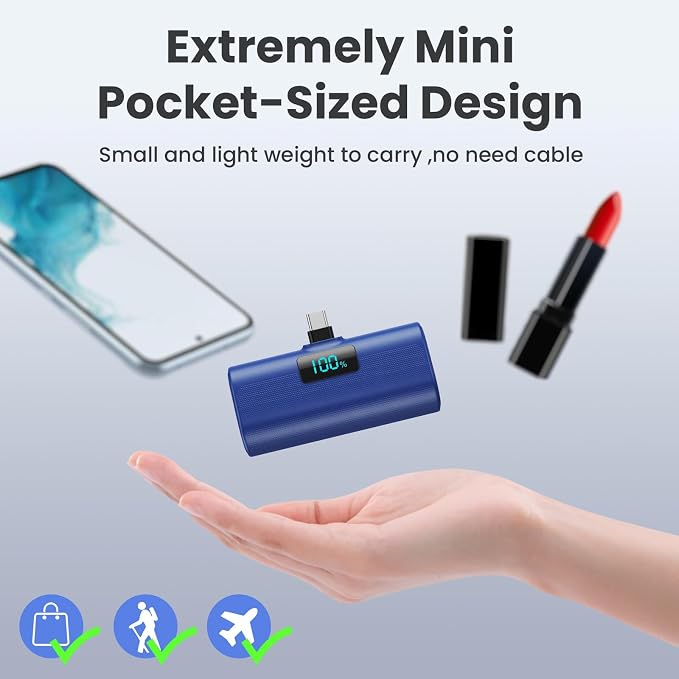[2-Pack]Small Portable Charger 5200mAh, Upgraded PD USB C Power Bank Built-in USB-C Connector, LCD Display Battery Pack Compatible with iPhone 15/15 Plus/15 Pro/15 Pro Max/Samsung Android(Blue+Green)