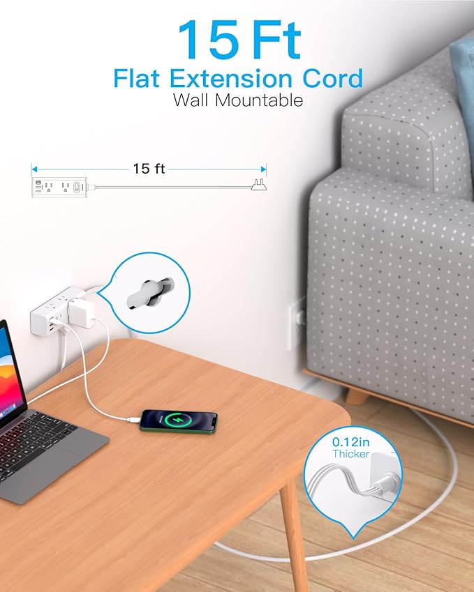 15Ft Extension Cord with Multiple Outlets, Flat Plug Power Strip Surge Protector with 15 Ft Long Cord, 6 Outlet 3 USB Ports (1 USB C), Multi Outlet Wall Plug for Travel, College, Dorm Room Essentials