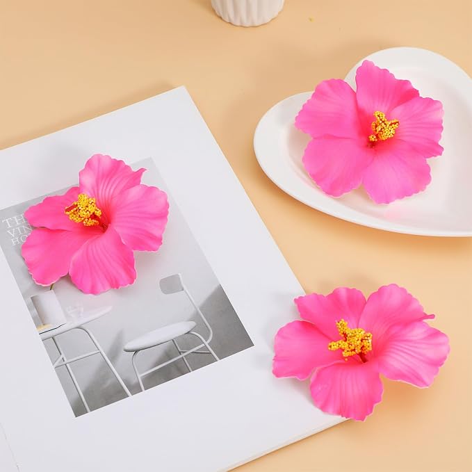DOITOOL 10 Pcs Pink Artificial Hibiscus Flowers Faux Tropical Flower Decor Fake