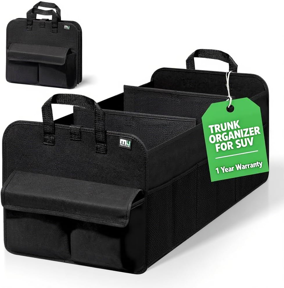 MIU COLOR Trunk Organizer for SUV, Collapsible Car Organizer with 12 Pockets, Non-Slip Bottom, Storage Organizer for Sedan, Van, Jeep, Grocery, Car Accessories, Large 3 Compartments, Black,32"×13"×12"