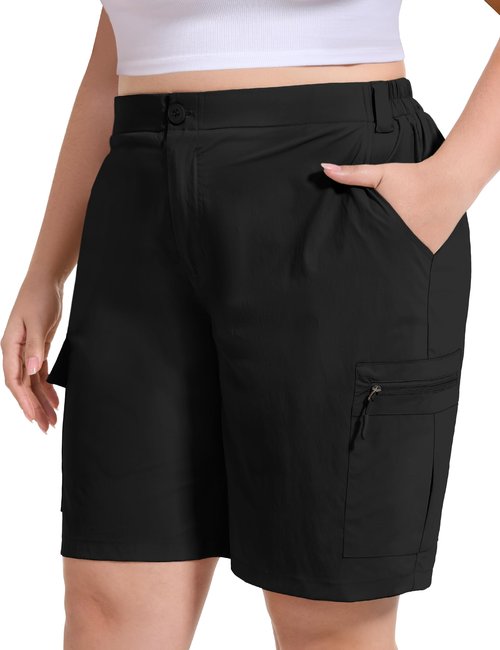 FORYEOND Plus Size Shorts for Women Lightweight Quick Dry Cargo Bermuda Shorts with Pockets Casual Summer, Black, 2XL