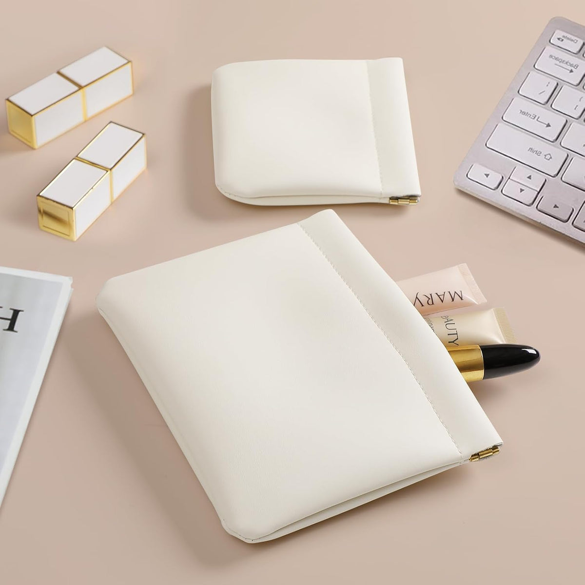 2 Pack Small Makeup Bag for Purse, Cosmetic Travel Pouch, Cream