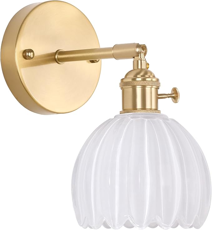 Vintage Wall Sconces with White Tulip Glass Lampshade 180 Degree Adjustable Brass Sconces Hradwired Modern Wall Lighting Fixture with Switch for Bedside Bedroom Doorway