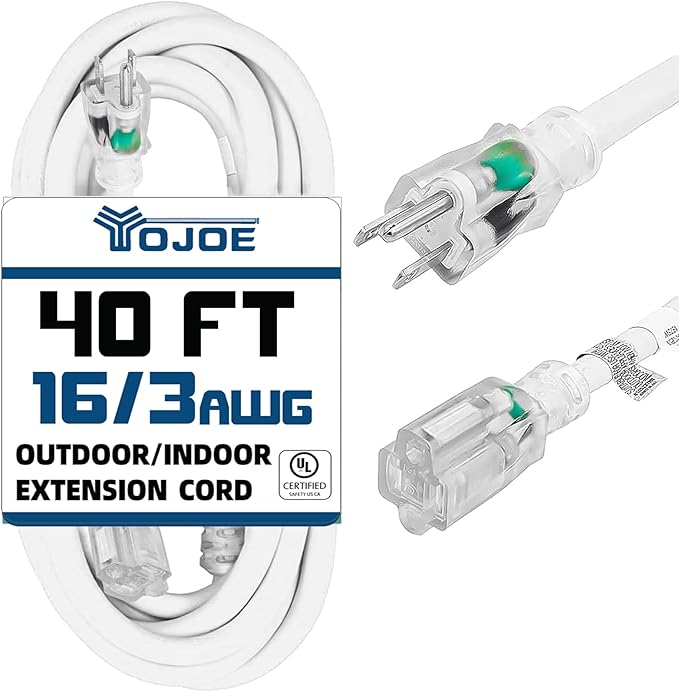 YOJOE Indoor Outdoor Extension Cord with Lighted End, 3 Prong 13A Weatherproof Power Cord, 16 Gauge Heavy Duty 40 ft White Extension Cord for Garage, Garden and Home, 16/3 SJTW UL Listed