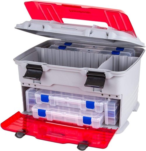 Flambeau Outdoors T5PW "IKE" Tackle Box - Fishing Organizer with Tuff Tainer Boxes & Zerust Technology | Translucent Red/Gray