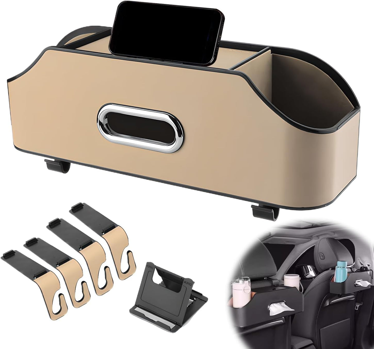 4-in-1 Car Backseat Organizer, 2026 New Car Seat Back Storage Box, Multifunctional Car Back Seat Storage Organizer with Cup Holders, Tissue Box Slot, Hooks to Keep Your Ride Clean & Organized (Beige)
