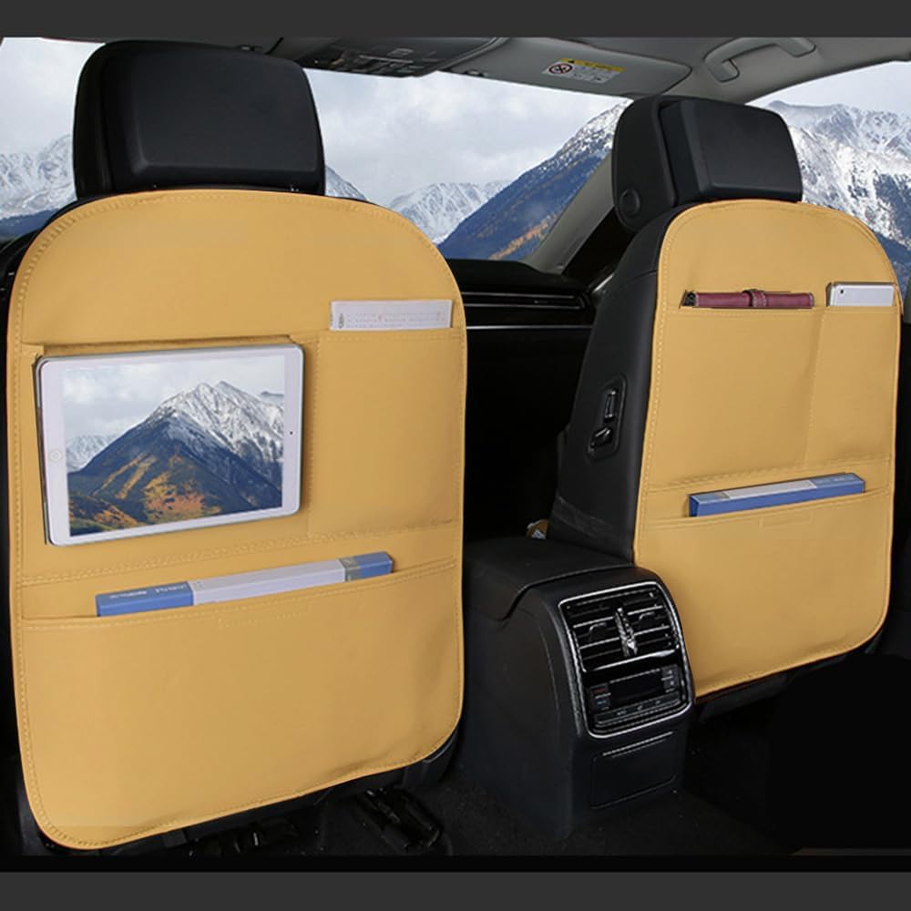 Kick Mat Back Seat Protector， Waterproof Leather Car Seat Back Organizers Cover with 3 Storage Pockets for Kids Pets SUV Sedan Minivan Truck Car Travel Accessories (Cayenne Yellow 2-pack)