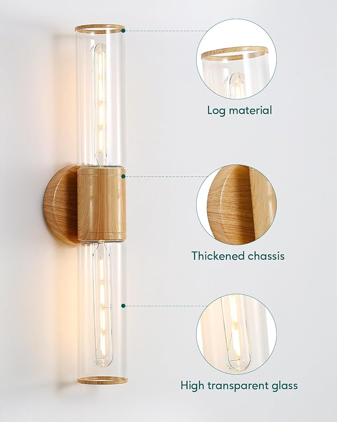 Bathroom Vanity Lighting Fixture, 2-Light Wood Grain Wall Sconce Light Fixture with Clear Glass, E26 Socket Indoor Wall Lamp, Modern Wall Sconce for Mirror Living Room