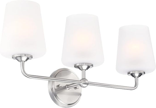 Design House Stasia Vanity Light, 3-Light, Sleek Modern Arms, Frosted Glass Glow, Dimmable, Dual-Mount Option, E26 Socket, Satin Nickel, 23.8 in L x 6.7 in W x 11.0 in H, 589291