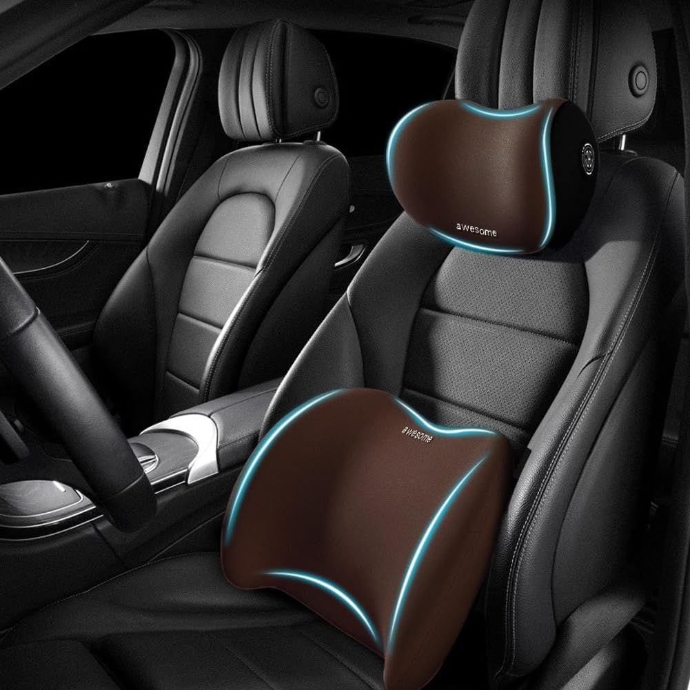Car Headrest & Lumbar Support Cushion Kit, Ergonomic Car Seat Neck Pillow and Backseat Cushion for Driving Fatigue Relief, Driving Seat Memory Foam Neck Back Rest Pillows (Black)