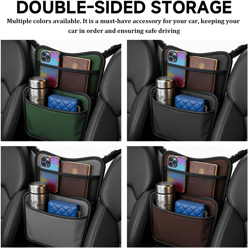 Car Organizer Storage Between Seats, Car Purse Holder, Nappa Leather Front Seat Storage Bag with Tissue Holder, Large Capacity Auto Console Organizer for Document Phone Wallet Snack (White)