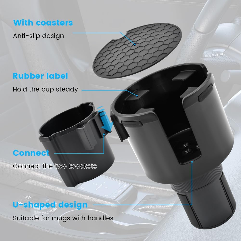 Car Cup Holder Expander, 2-in-1 Cup Holder Adapter with Expandable Base, Fits Large Water Bottles & Mugs in 2.2"-4.2" (10-48oz), 4 Car Seat Headrest Hooks Included