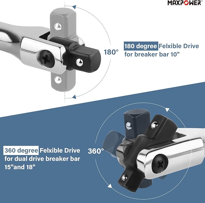MAXPOWER 3Pcs Breaker Bar Set, Included 15 inch and 18 inch Breaker Bar with Dual Drive 1/2" and 3/8", 1/2" drive Short Bar 10"