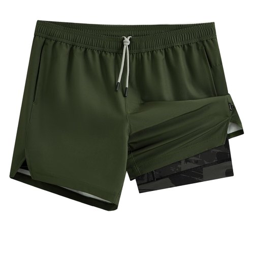 maamgic Mens 5" Gym Running Shorts for Men 2 in 1 Quick Dry Workout Athletic Shorts Army Green Large