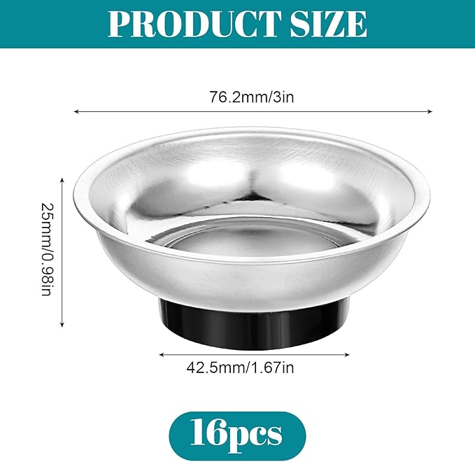 16 Pack 3" Round Magnetic Bowl Trays Set, Round Magnetic Parts Bowl, Stainless Steel Magnet Tool Tray Parts Holder for Screws, Sockets, Bolts, Pins, Mechanic's and Automotive