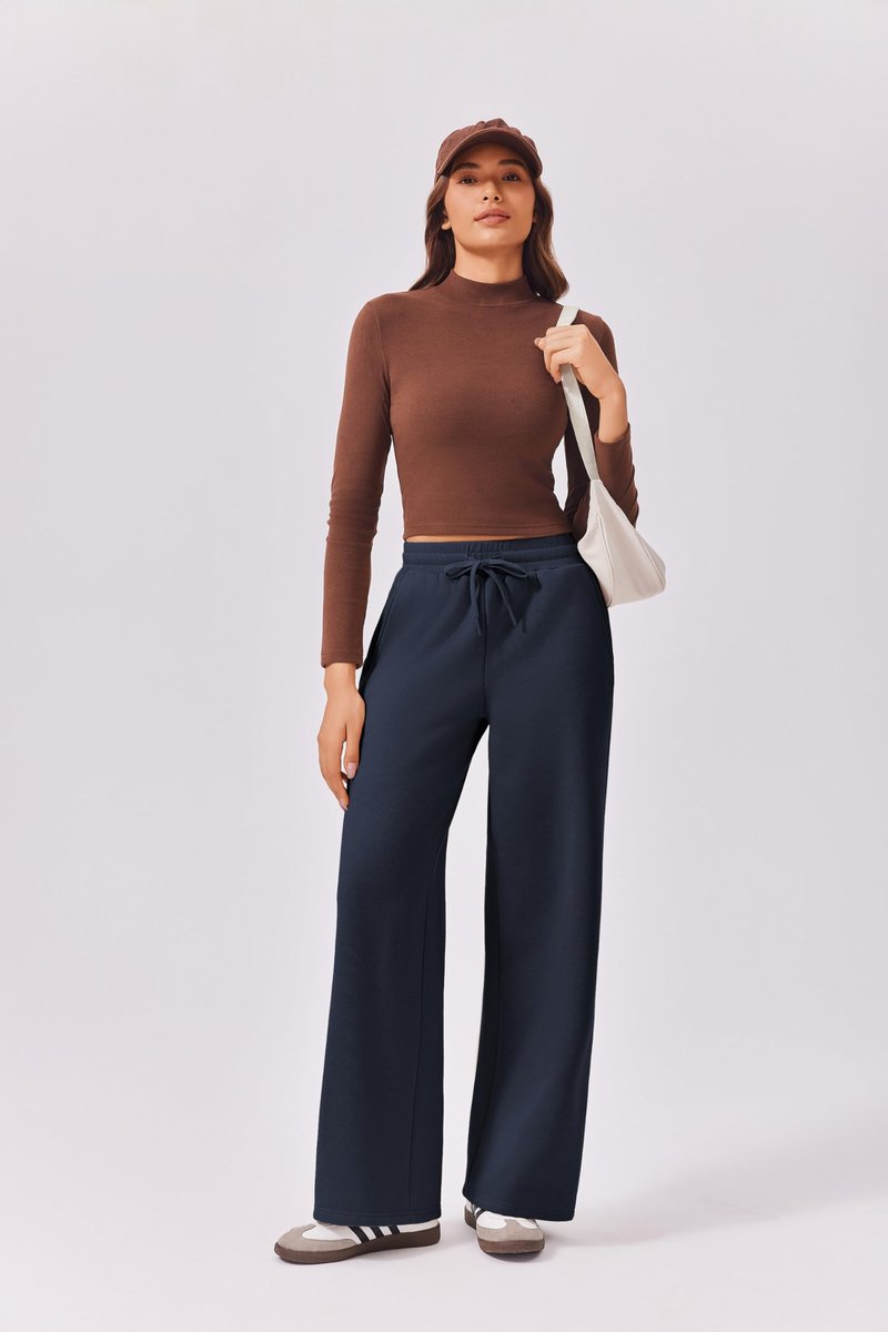 PINSPARK Womens Warm Winter Sweatpants Fleece Lined Wide Leg Sport Pants High Waisted Baggy Athletic Pants Loose Workout Pants with Pockets, Pitch Blue, Small