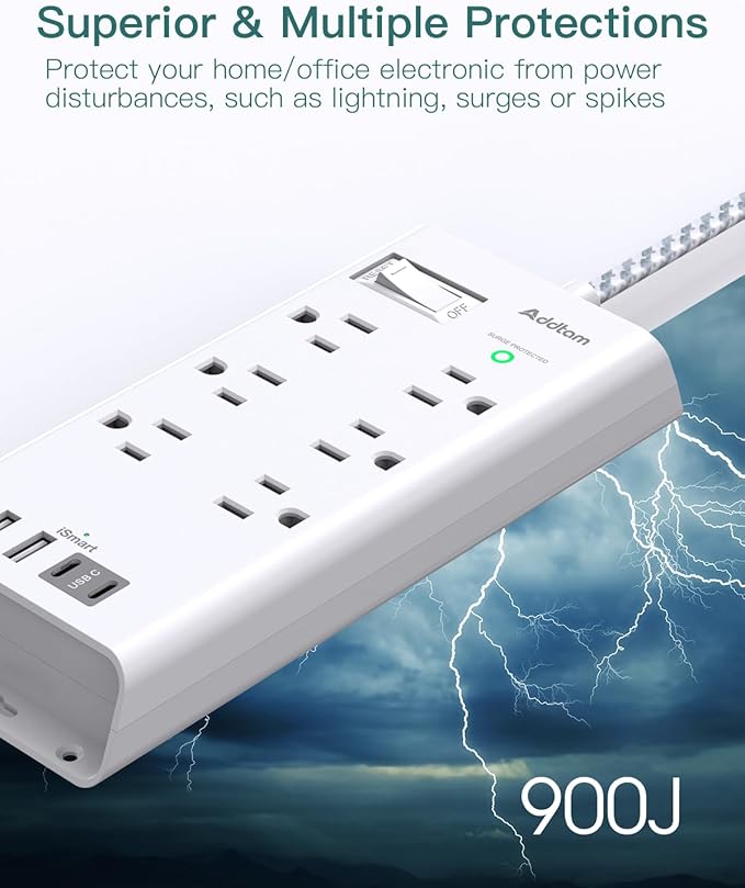 Surge Protector Power Bar, 5 FT Flat Plug Extension Cord Indoor, Power Strip with 6 Outlets Charger, 4 USB Ports(2 USB C), Desktop Charging Station for Home, Office, Dorm