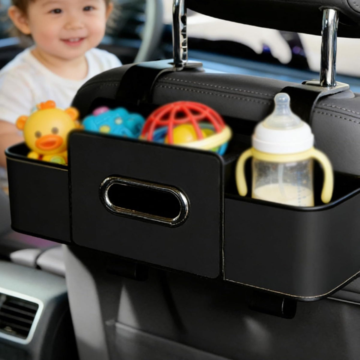 Car Organizer and Storage Box, 3-in-1 Car Seat Back Storage Box, Multifunctional Headrest Backseat Organizer with 2 Cup Holders, Smart Car Organizer for Most Vehicles (Brown)