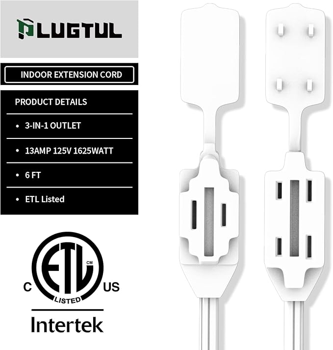 PLUGTUL Indoor White Extension Cord 6 Feet, 3-Outlet Household Extension Cord, 2 Prong, 16 Gauge, 3 Polarized Outlets with Safety Cap Protect for Home Office, 16/2 SPT-2 ETL Listed