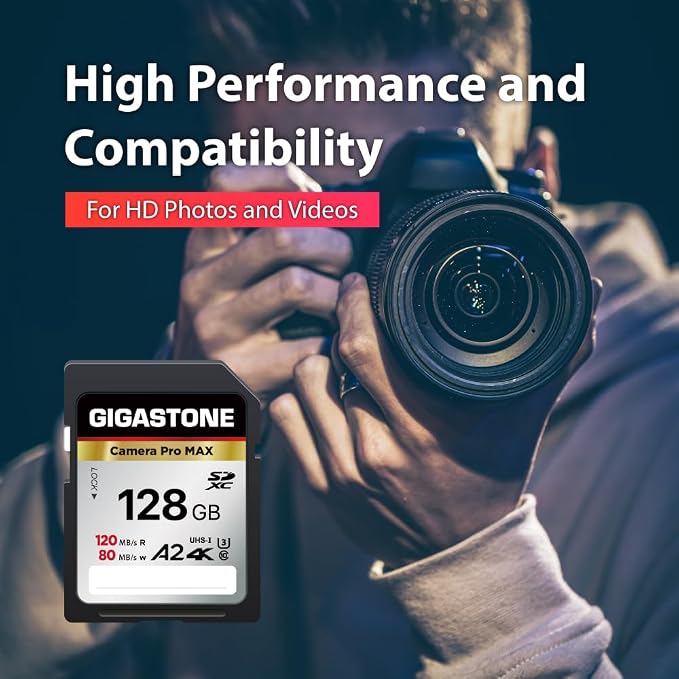 【5-Years Data Recovery】 GIGASTONE 128GB SD Card, 4K Camera Pro MAX, UHS-I A2 4K