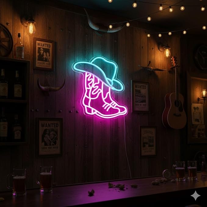 Cowboy Boot and Hat LED Neon Sign, Western Country Wall Decor
