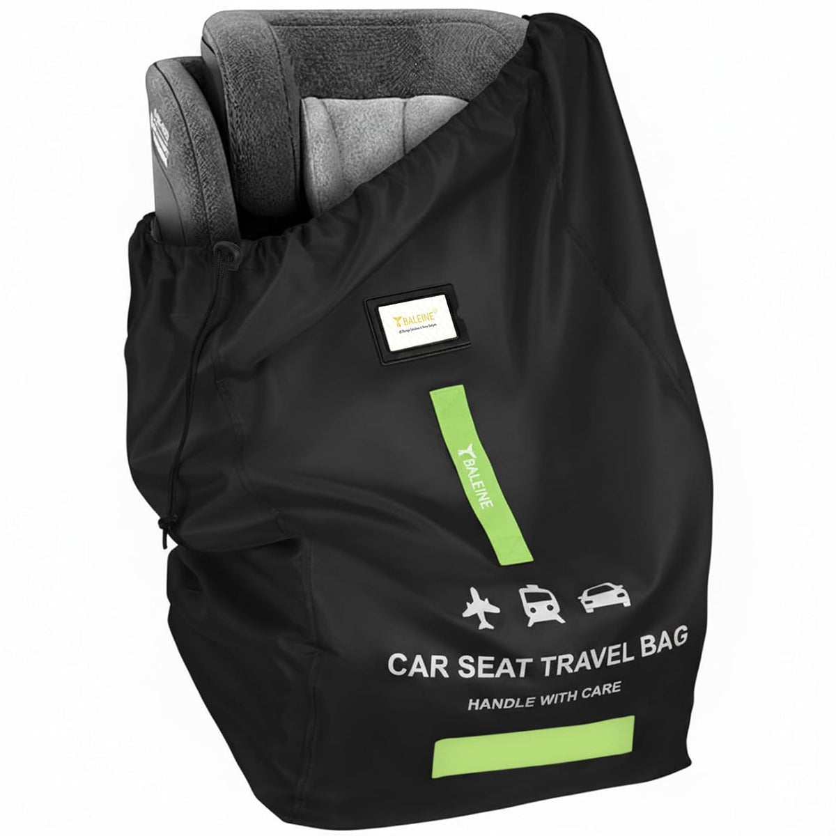BALEINE Car Seat Travel Bag for Airplane, Water-Resistant Car Seat Bags for Air Travel, Foldable Cover with 3 Handles, Fits Toddler Carseat, Convertible and Booster Seats (Black)