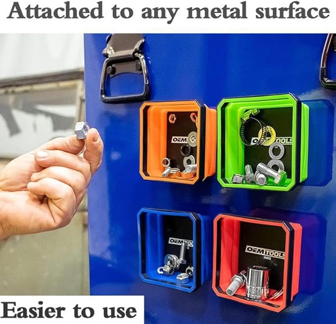 8 Pcs Magnetic Tool Tray Collapsible Magnetic Parts Tray Set 4.5 inch Square Silicone Bowls with Magnetic Base for Bolts Nuts Washers Pins Screw Parts (Red, Orange, Blue, Green)