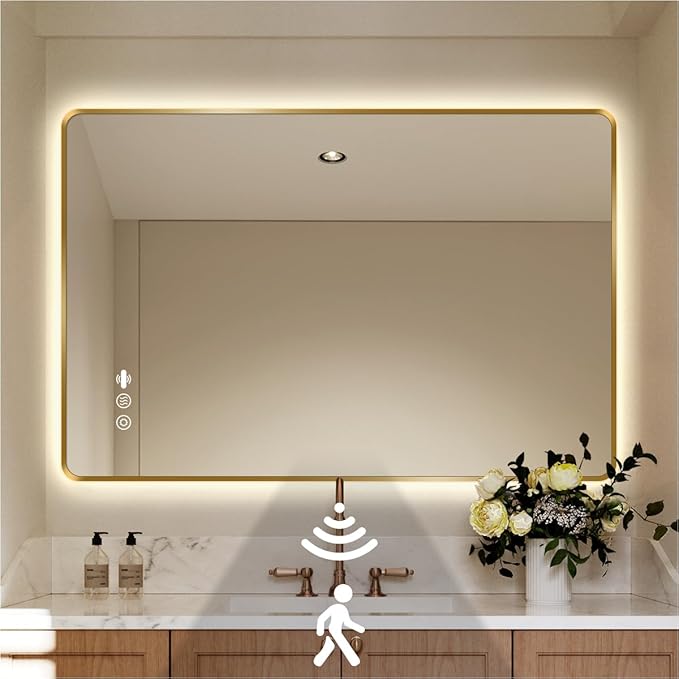 40 x 32 Gold LED Bathroom Mirror, Metal Framed Rounded Corner Rectangle Backlit Mirror Bathroom, Anti-Fog, 3-Color Stepless Dimmable Lighted Mirror, Motion Sensor Lights, Memory Function