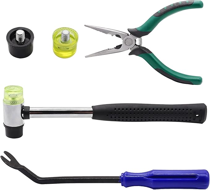 5PCS Upholstery Tools Kit - Dual Head Soft Rubber Mallet Hammer with 2PCS Replacement Head, Nail Tack Remover Tool & Removal Pliers for Furniture Floor Jewelry Craft Project etc