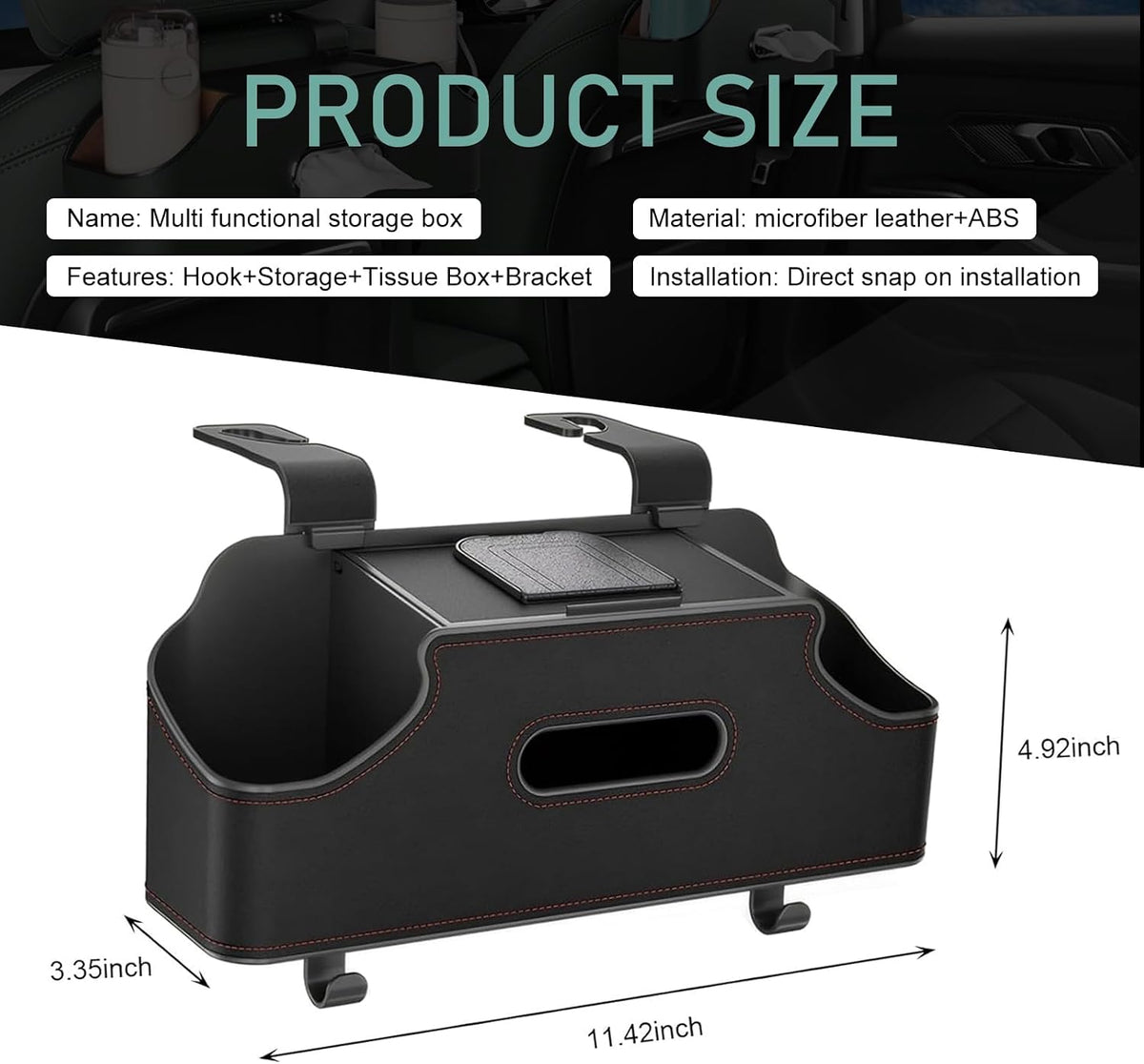 Car Seatback Organizer with Cup Holder, Leather Headseat Tissue Box and Storage Box, Multifunction Auto Rear-mounted Mobile Phone Holder, for Most Cars (Black)