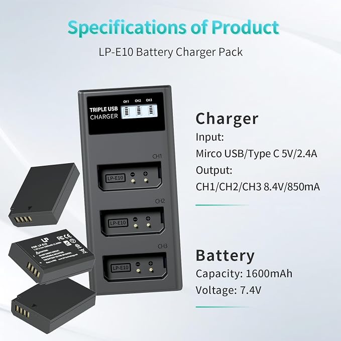LP LP-E10 Battery Charger Pack, Triple Slot Charger, USB Battery Charger